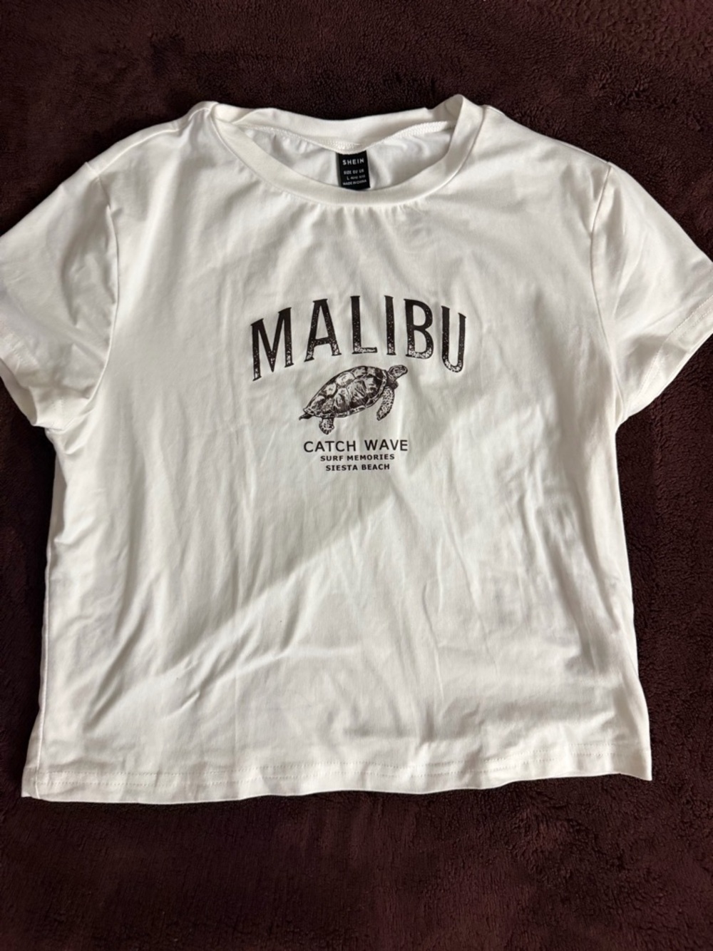 SHEIN White Graphic 'Malibu' Tee with Turtle Print